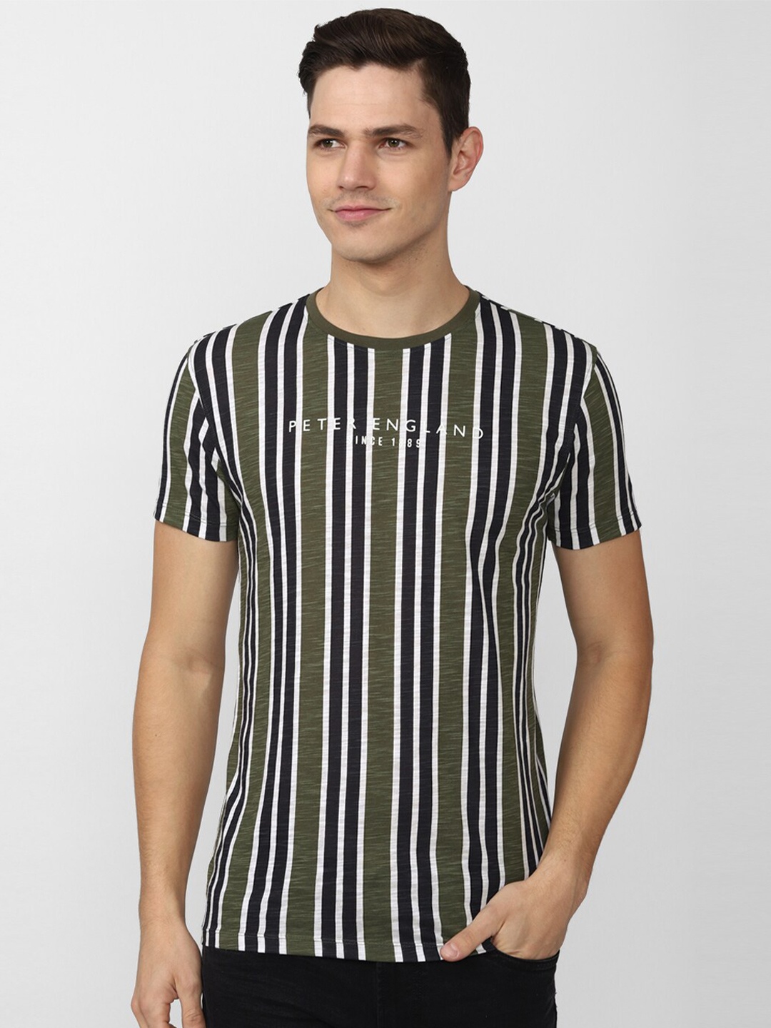 

Peter England Casuals Men Striped Monochrome Pockets Slim Fit T-shirt, Multi