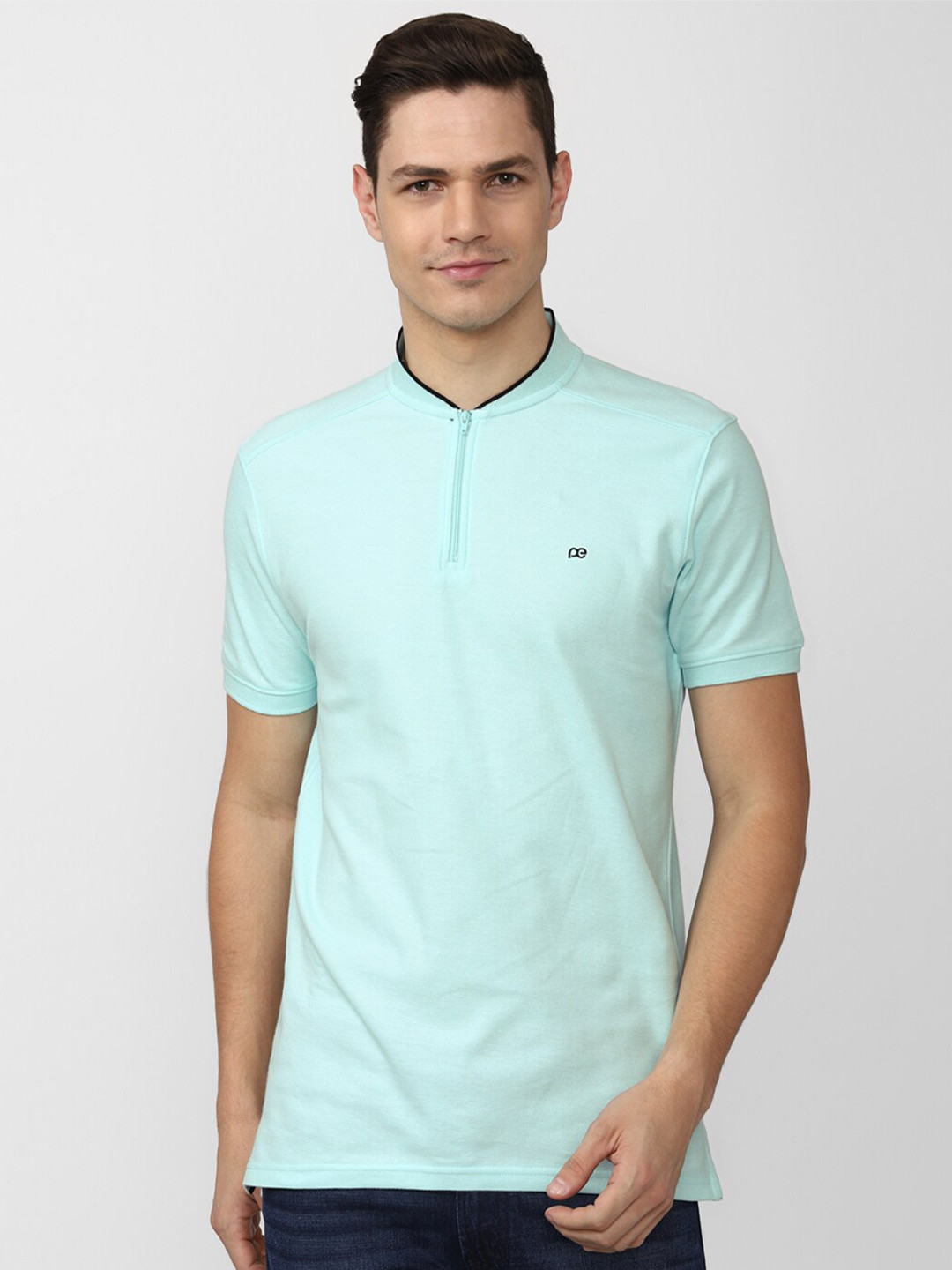 

Peter England Casuals Men Mandarin Collar Cut Outs Slim Fit T-shirt, Green