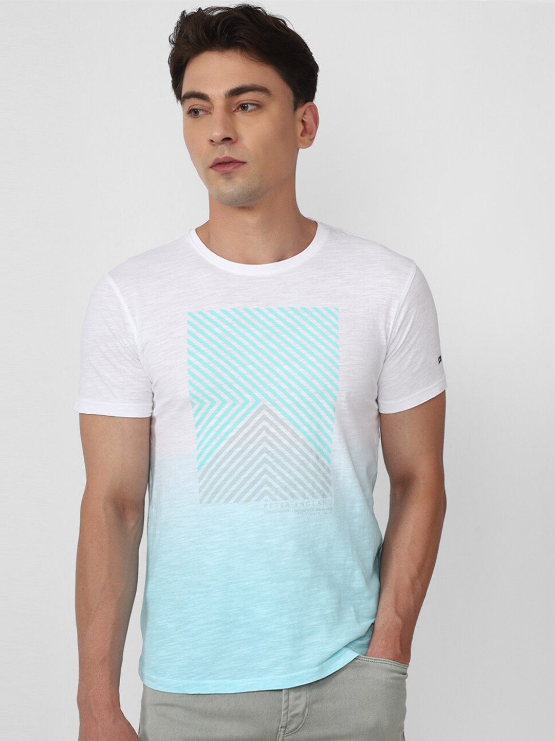 

Peter England Casuals Men Striped Raw Edge Slim Fit T-shirt, Blue