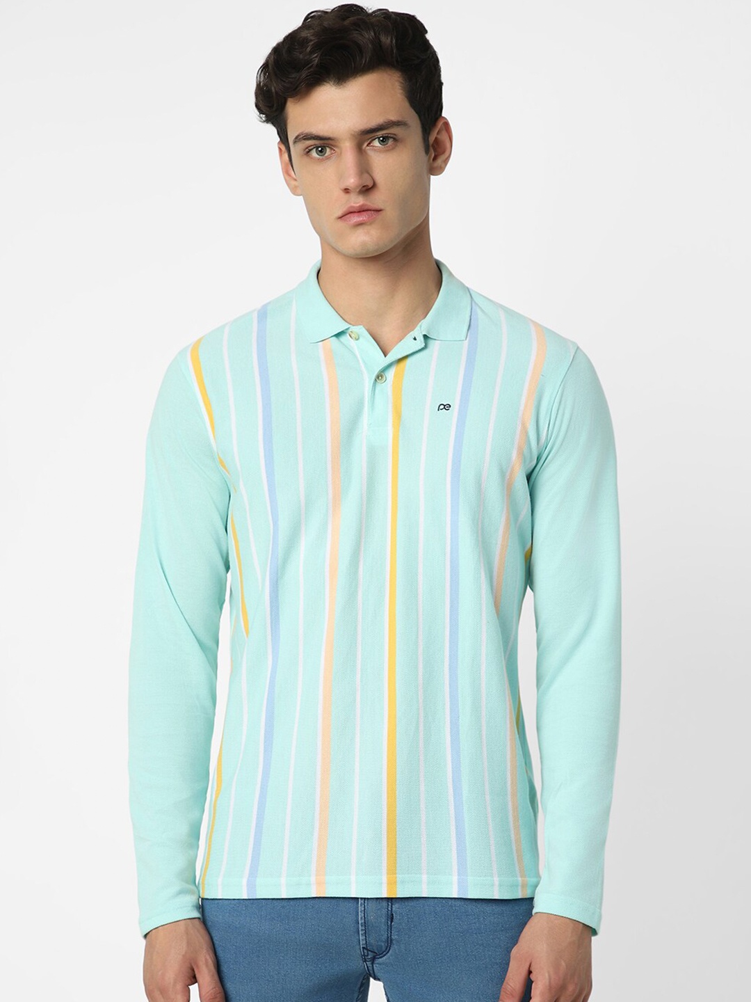 

Peter England Casuals Men Striped Polo Collar T-shirt, Blue