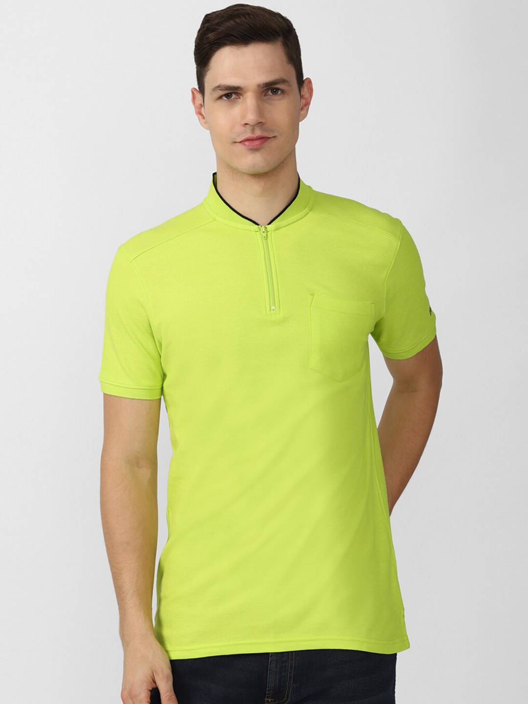

Peter England Casuals Men Mandarin Collar Pockets Slim Fit T-shirt, Green