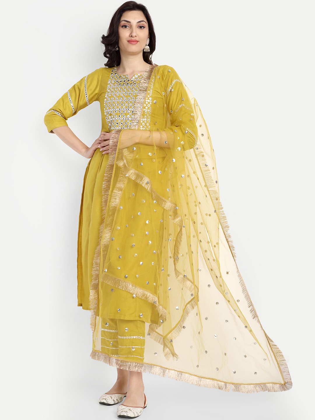 

KALINI Ethnic Motifs Yoke Design Mirror Work Kurta & Palazzos With Dupatta, Yellow