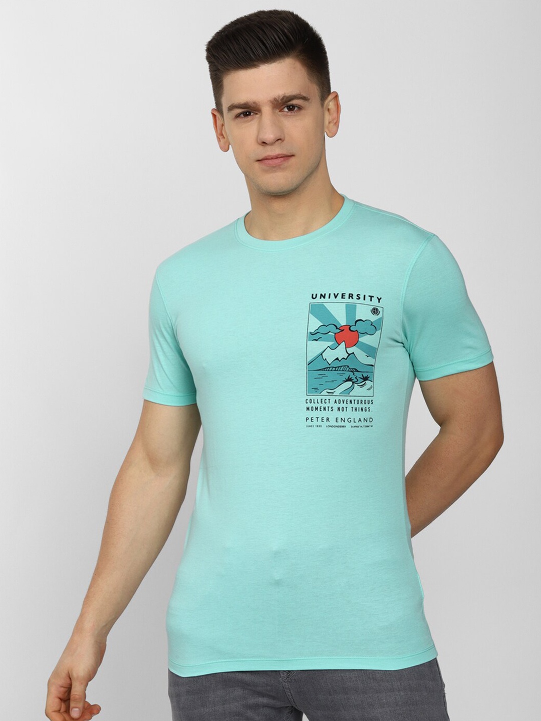 

PETER ENGLAND UNIVERSITY Men Typography Printed Applique Slim Fit T-shirt, Green