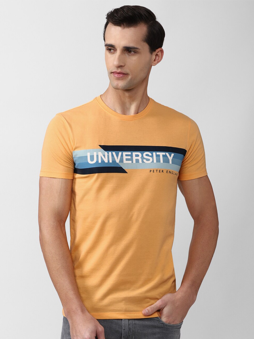 

PETER ENGLAND UNIVERSITY Men Typography Colourblocked Pockets Slim Fit T-shirt, Yellow