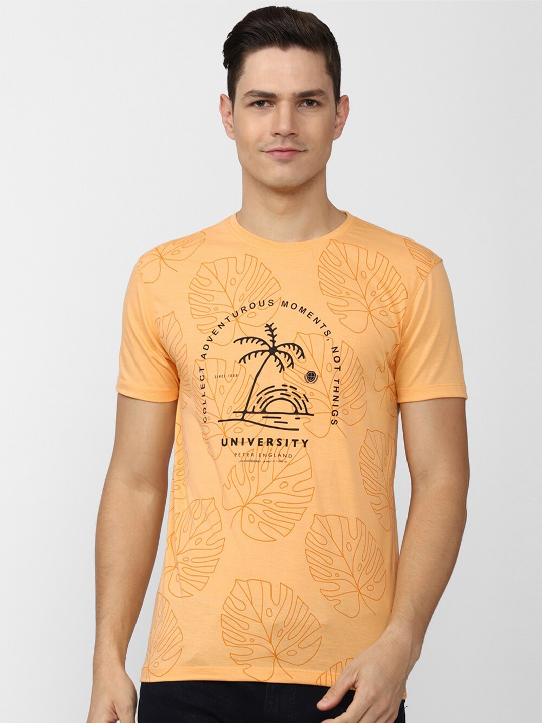 

PETER ENGLAND UNIVERSITY Men Typography Printed Pockets Slim Fit T-shirt, Orange