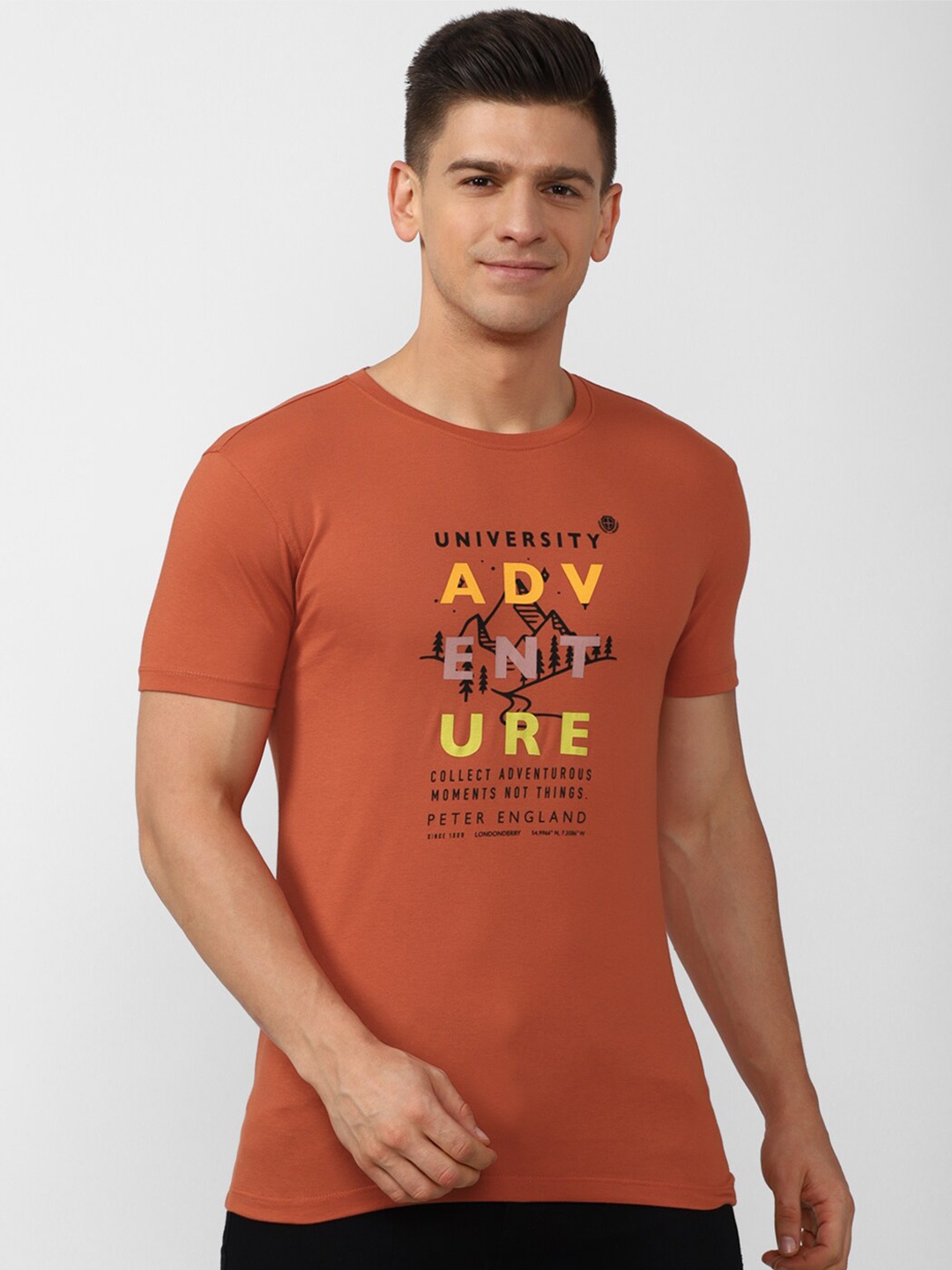

PETER ENGLAND UNIVERSITY Men Typography Printed Slim Fit T-shirt, Orange