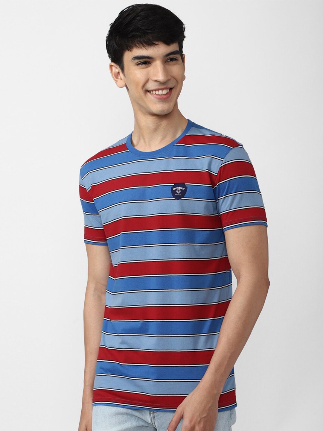 

PETER ENGLAND UNIVERSITY Men Striped Applique Slim Fit T-shirt, Blue