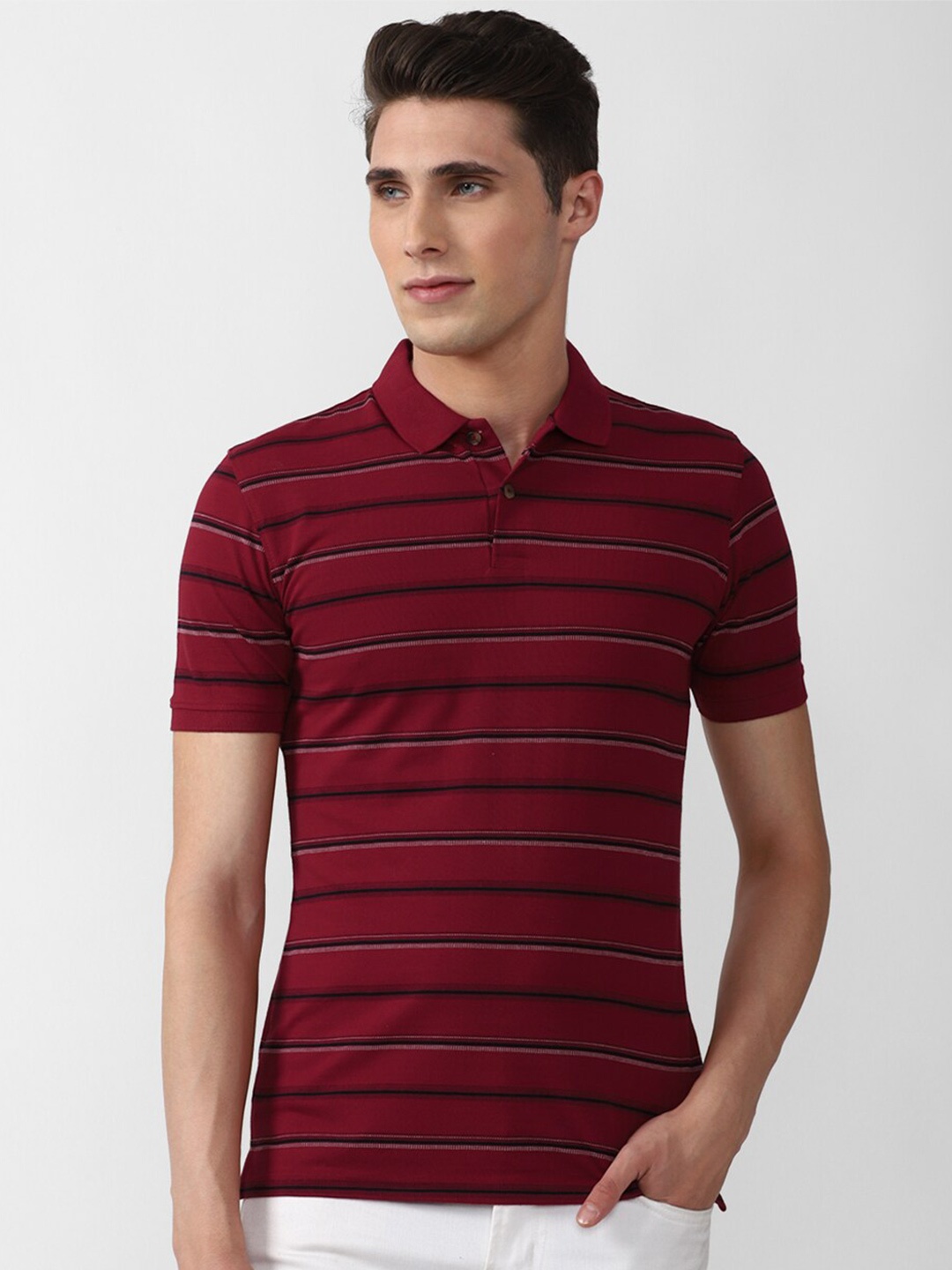 

PETER ENGLAND UNIVERSITY Men Striped Polo Collar Pockets Slim Fit T-shirt, Maroon