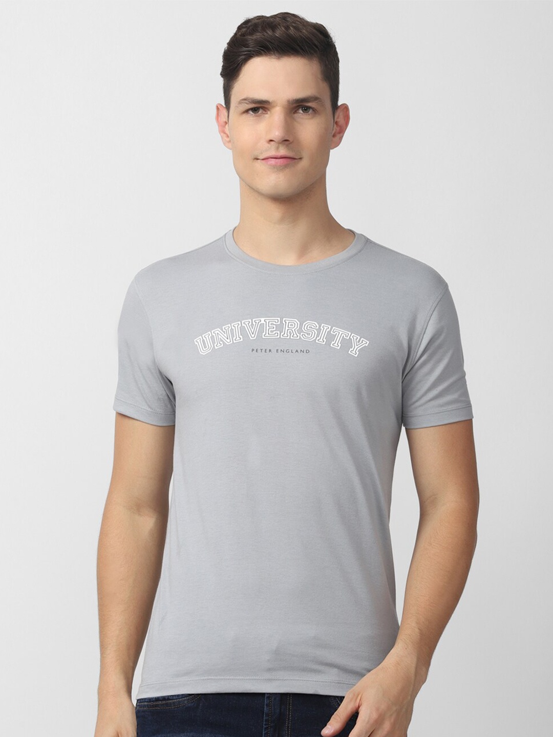 PETER ENGLAND UNIVERSITY Men Typography Printed Raw Edge Slim Fit T-shirt, Grey
