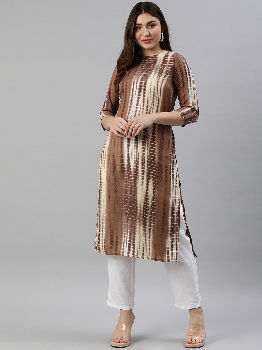 

KALINI Women Striped Sequinned Kurta, Brown