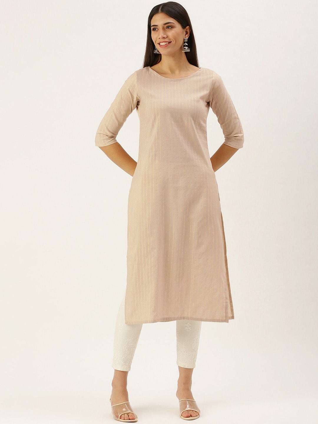 

KALINI Striped Round Neck Straight Kurta, Beige