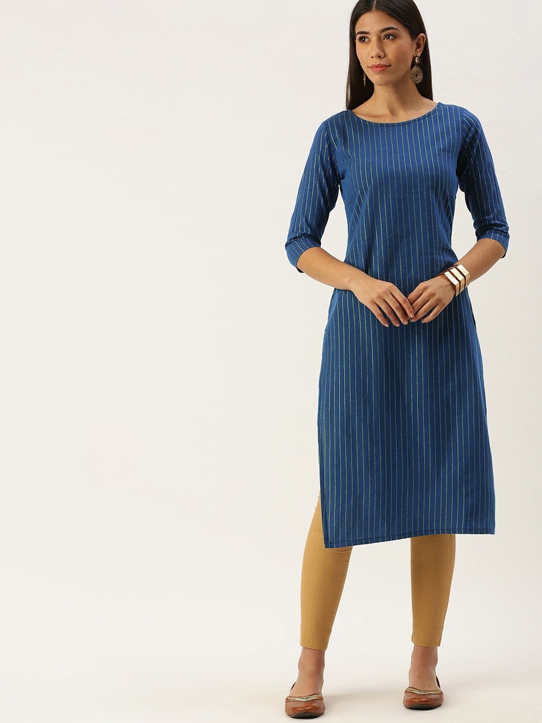 

KALINI Striped Round Neck Straight Kurta, Blue