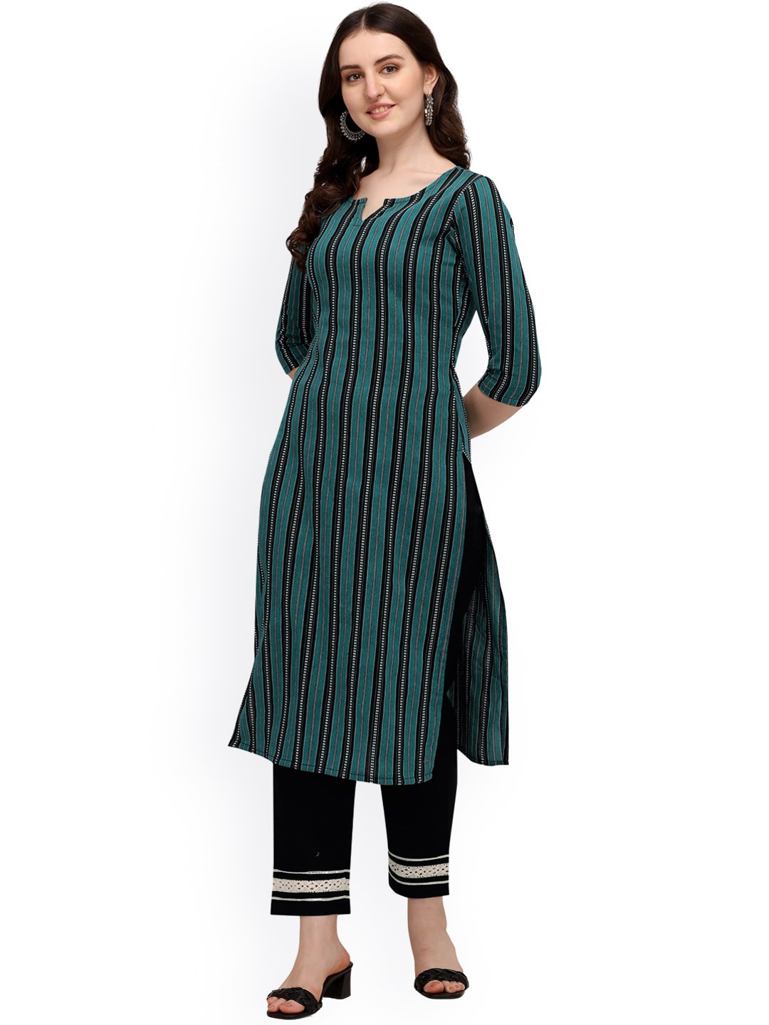 

KALINI Women Striped Flared Sleeves Thread Work Kurta, Green