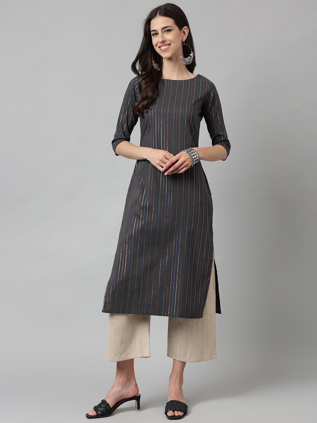 

KALINI Striped Woven Design Kurta, Grey