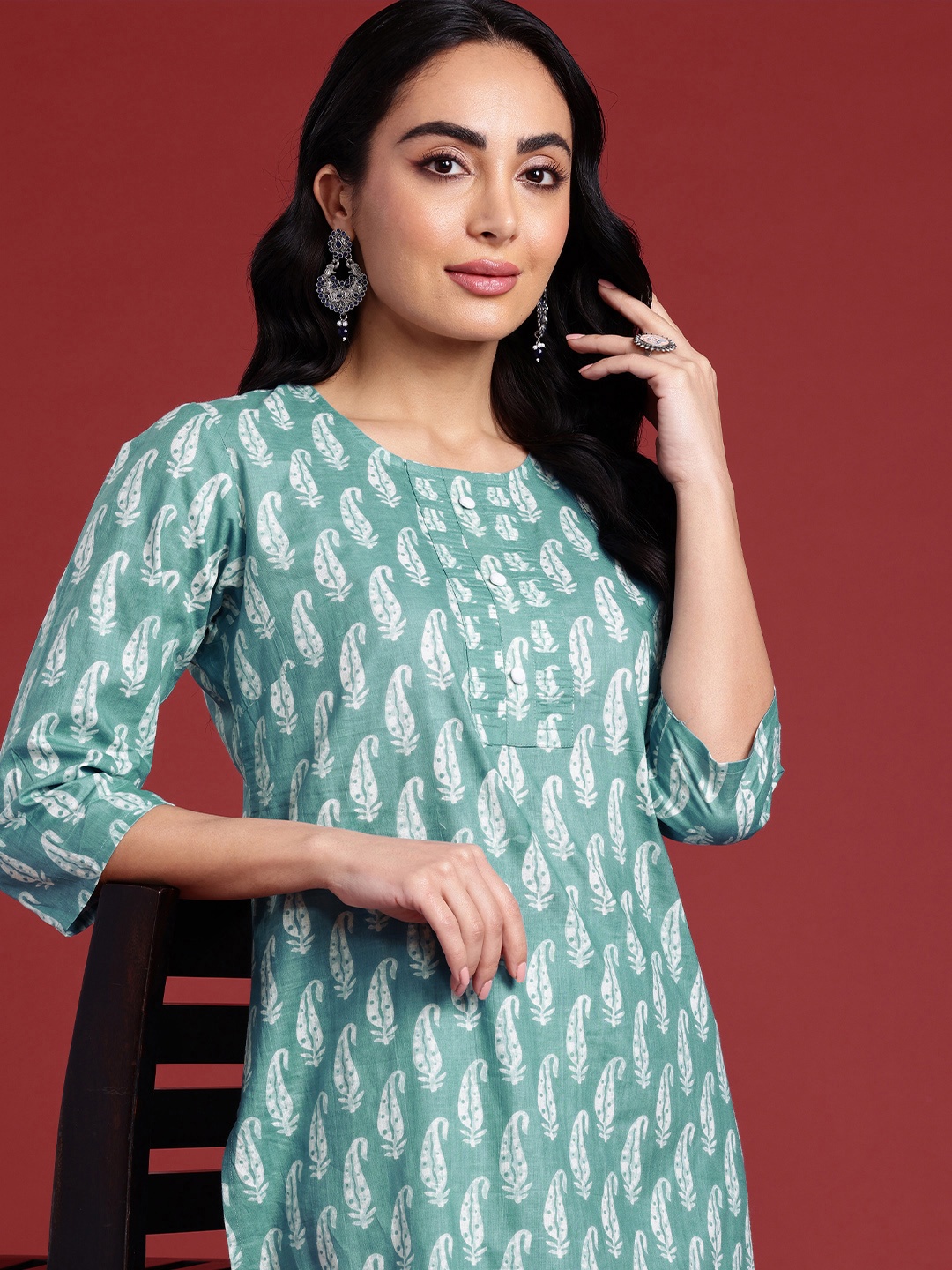 

Anouk Women Ethnic Motifs Printed Regular Pure Cotton Kurta with Trousers, Blue
