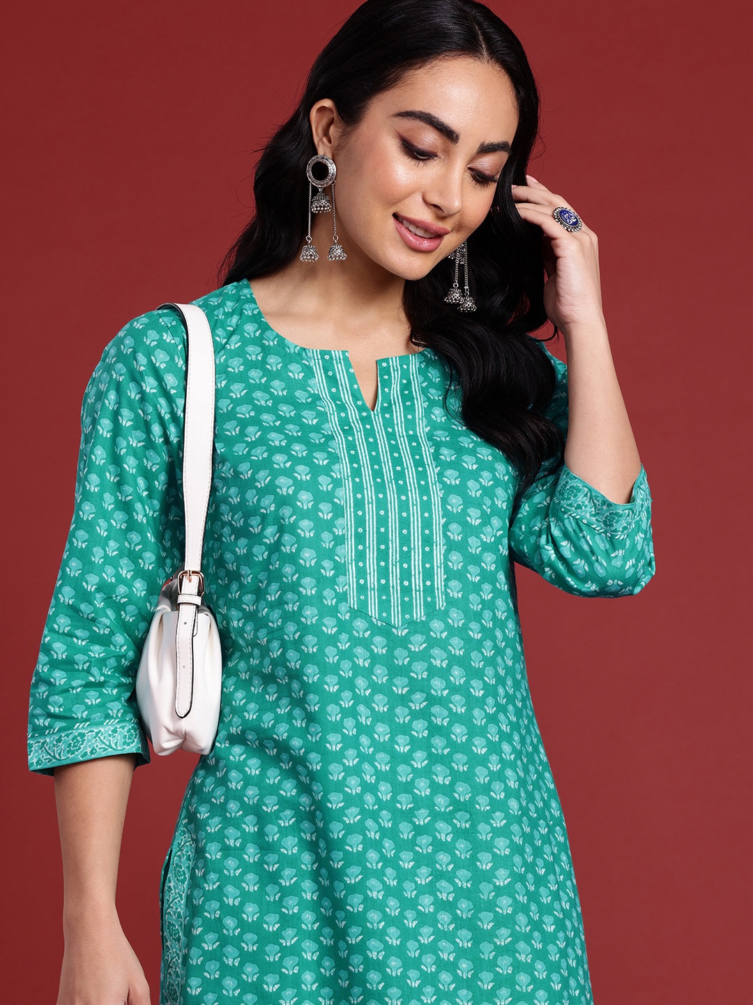

Anouk Women Printed Regular Pure Cotton Kurta with Trousers, Turquoise blue