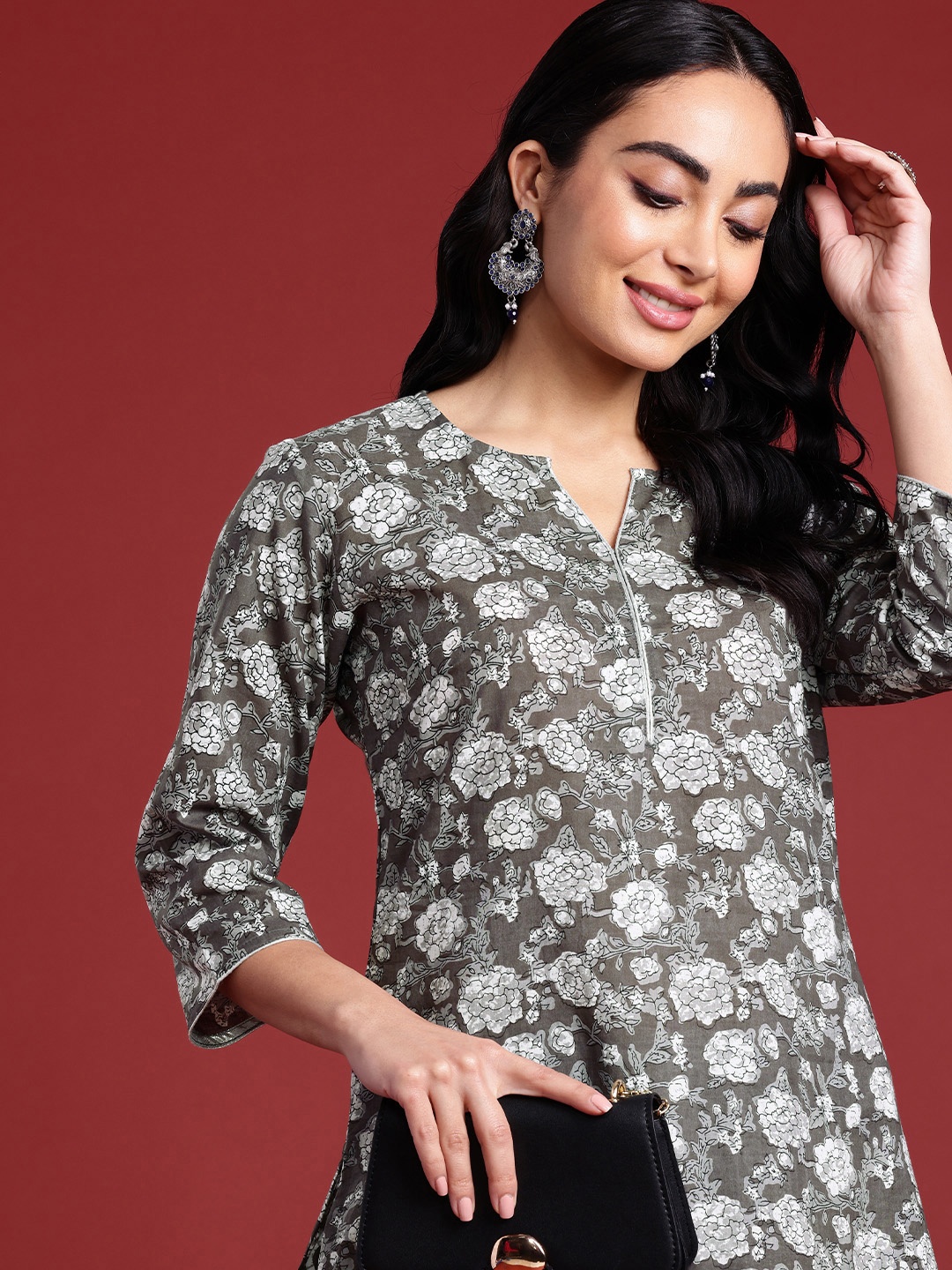 

Anouk Women Floral Printed Regular Pure Cotton Kurta with Trousers, Grey