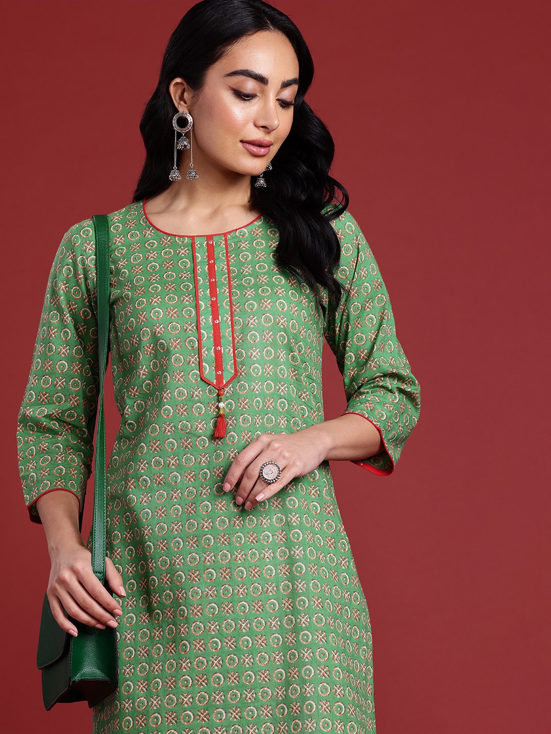 

Anouk Women Ethnic Motifs Printed Regular Pure Cotton Kurta with Trousers, Green