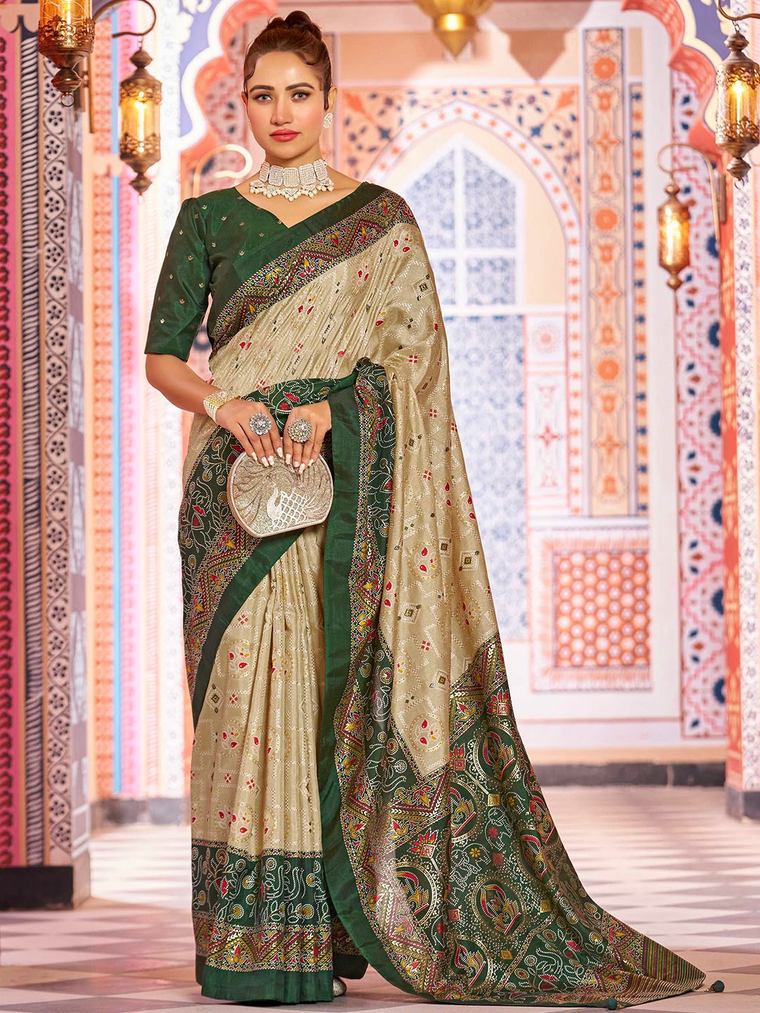 

Mitera Bandhani Printed Banarasi Saree, Beige