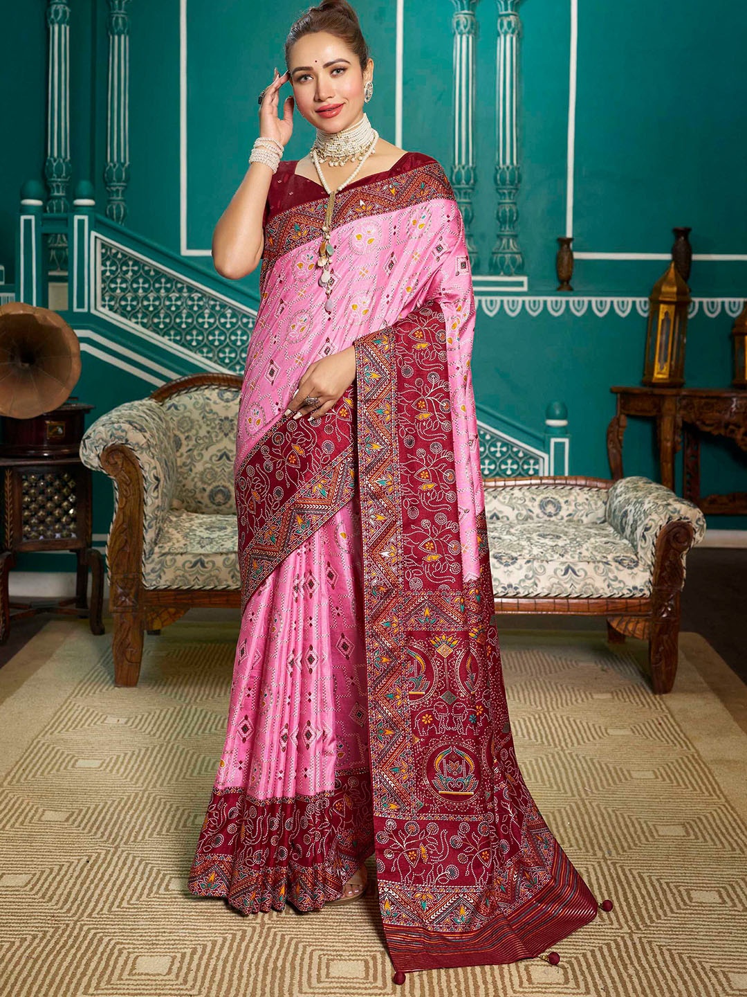 

Mitera Pink Ethnic Motifs Printed Banarasi Saree