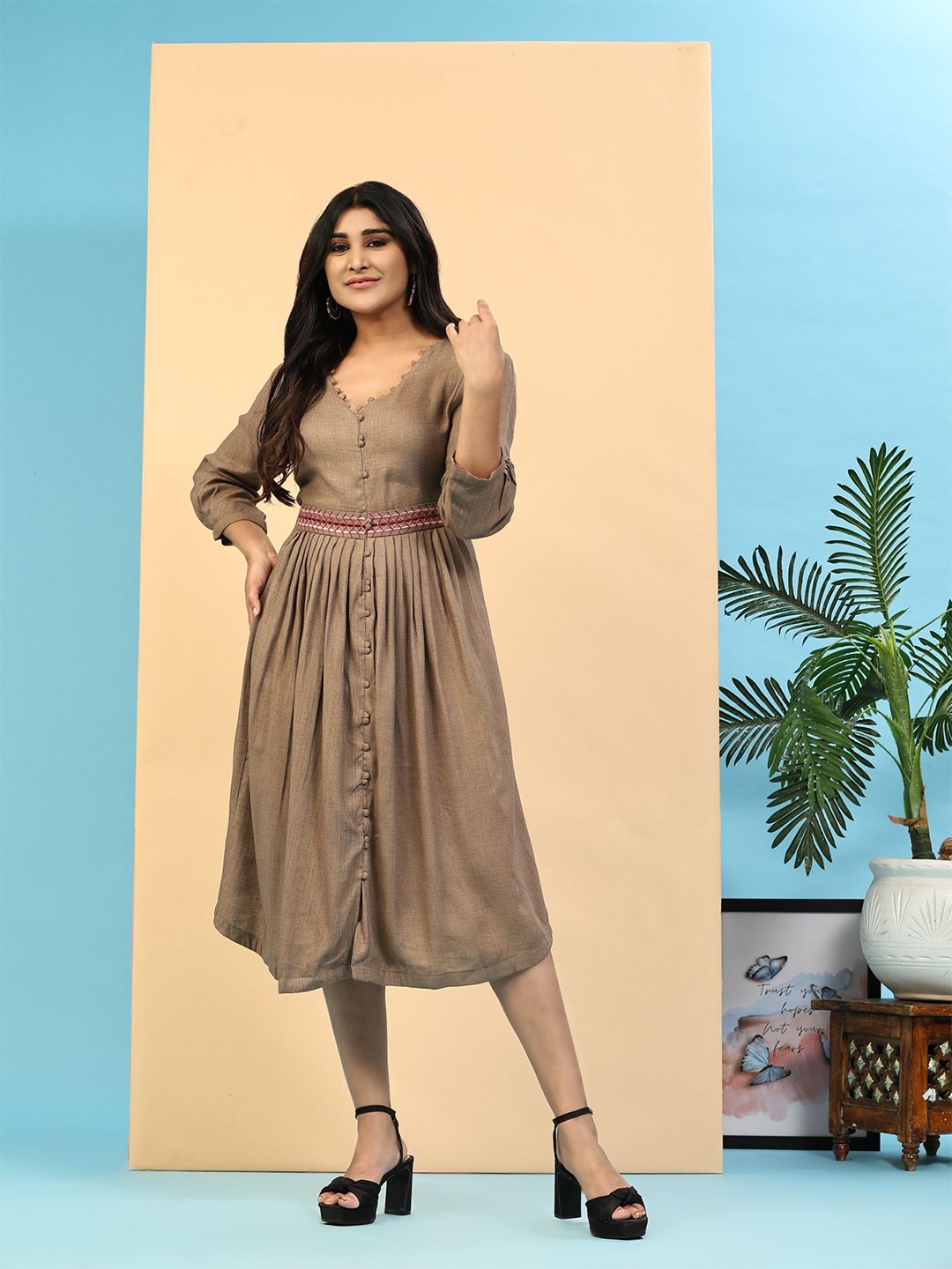 

Phenav Georgette A-Line Midi Dress, Brown