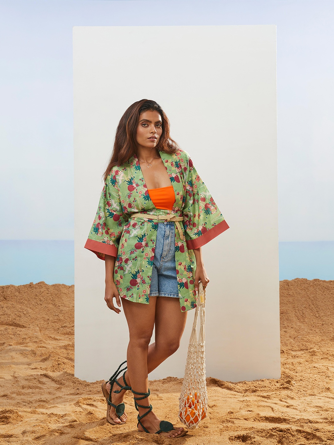 

CMGE Floral Printed Swimwear Cover up Top, Green