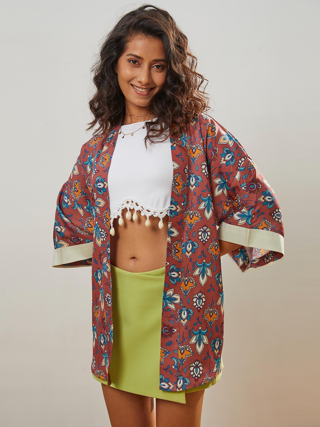 

CMGE Floral Printed Swimwear Cover up Top, Brown