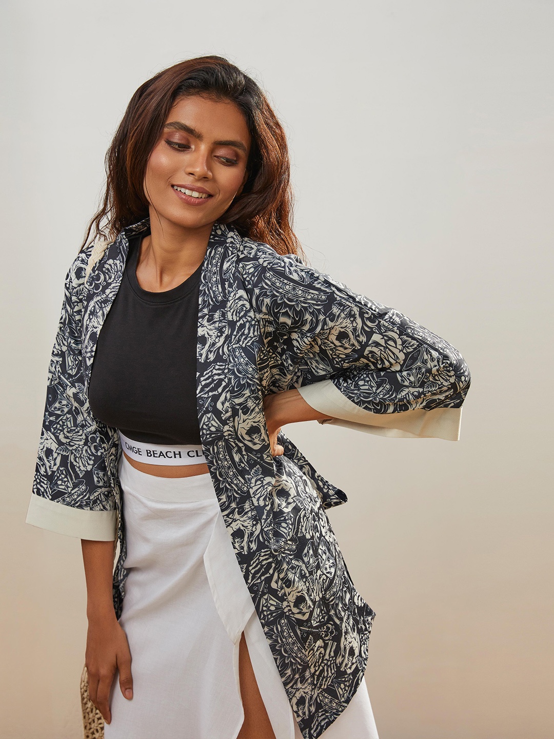 

CMGE Abstract Printed Swimwear Cover up Top, Black