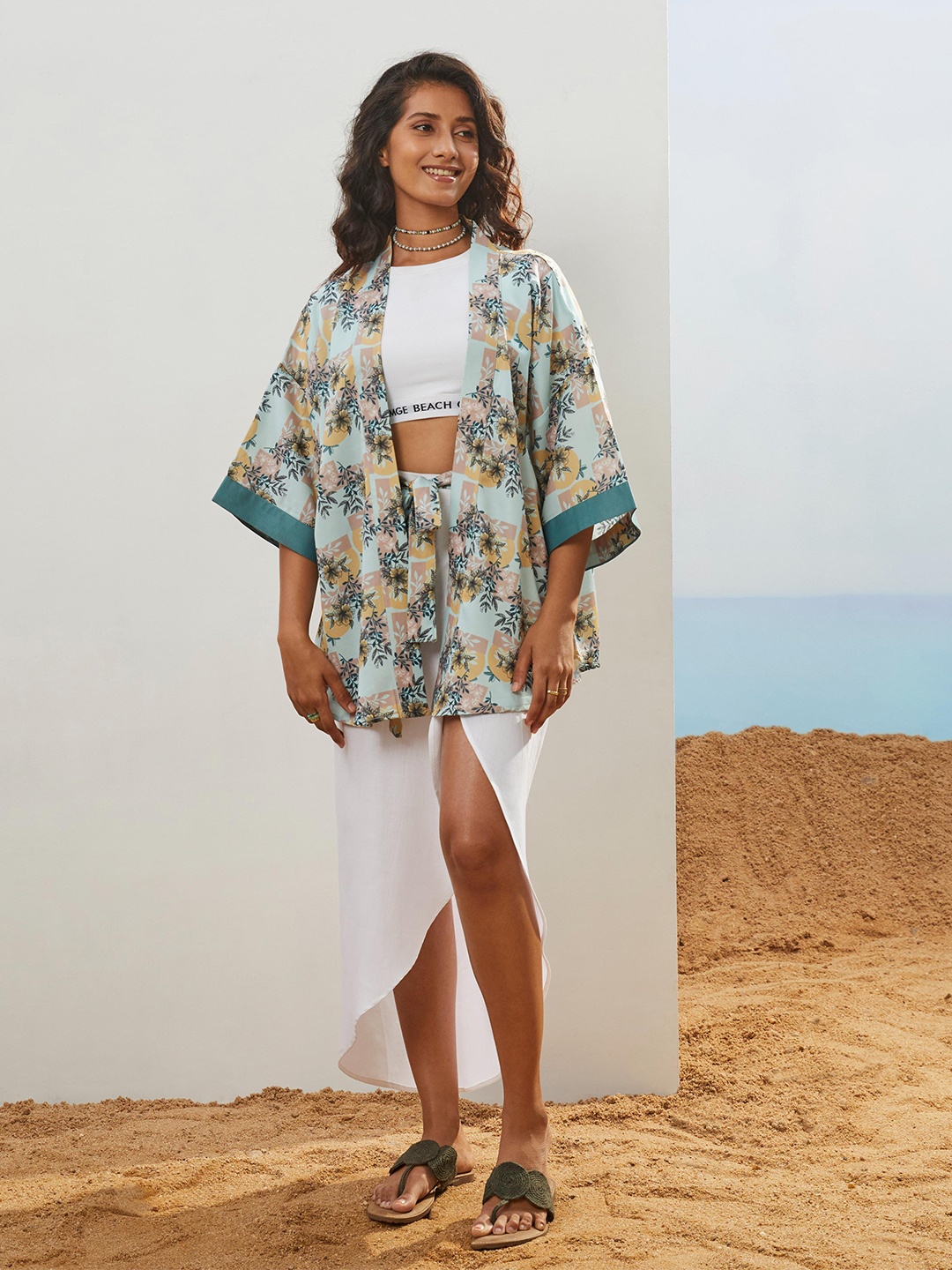 

CMGE Floral Printed Swimwear Cover up Top, Blue
