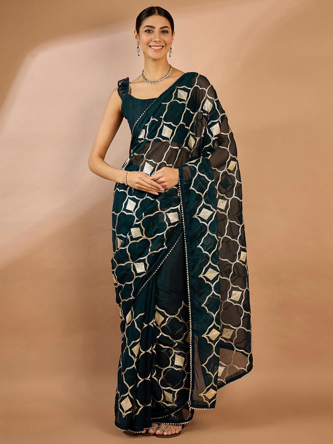 

Saree mall Embellished Sequinned Pure Georgette Sarees, Teal