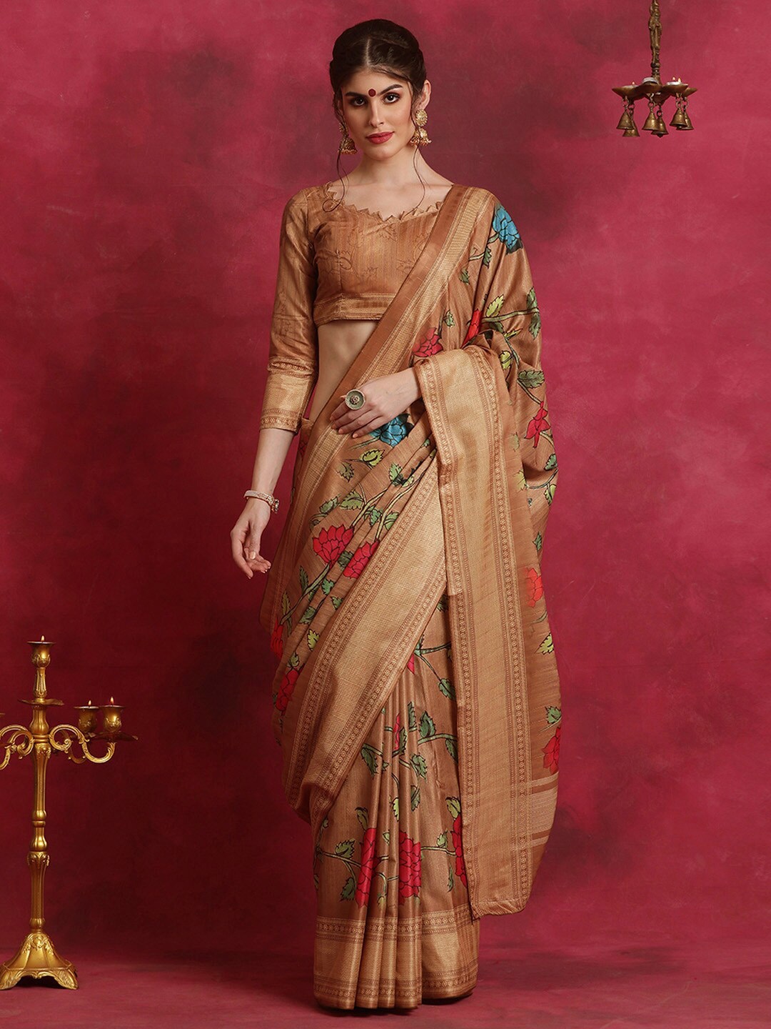 

Saree mall Floral Printed Bagh Sarees, Brown