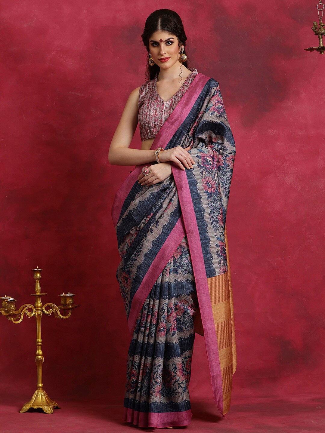 

Saree mall Floral Printed Saree, Navy blue