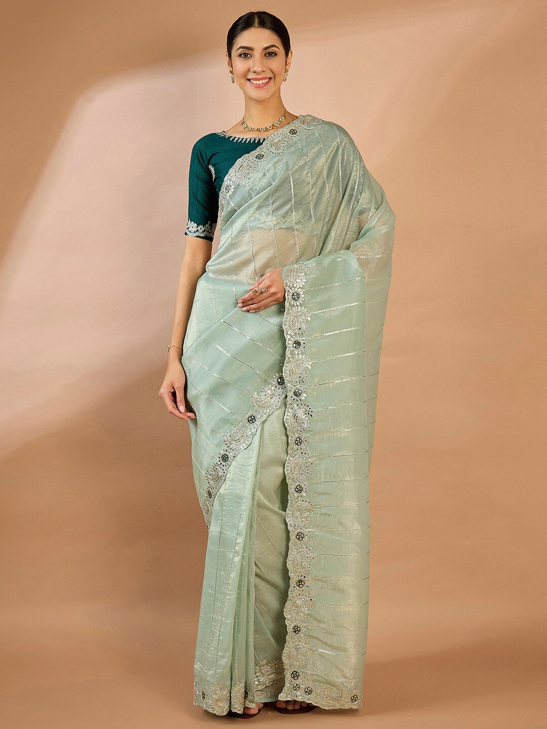 

Saree mall Striped Sequinned Organza Saree, Sea green