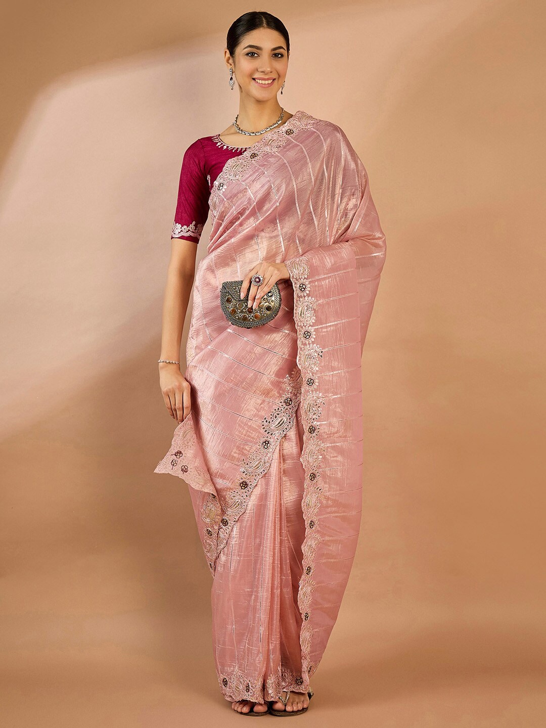 

Saree mall Striped Embroidered Organza Sarees, Pink