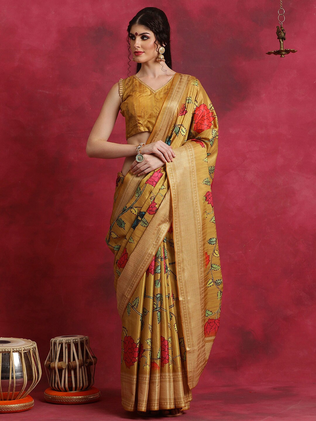 

Saree mall Floral Printed Bagh Sarees, Mustard