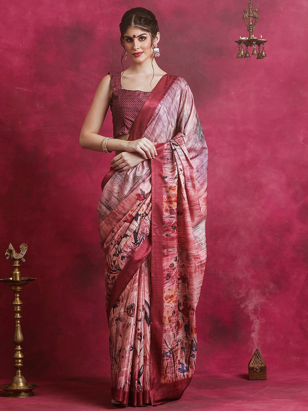 

Saree mall Floral Printed Bagh Sarees, Pink