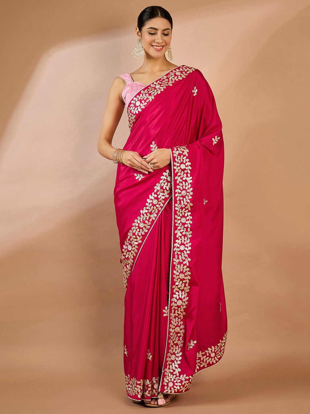 

Saree mall Floral Embroidered Gotta Patti Pure Crepe Saree, Pink