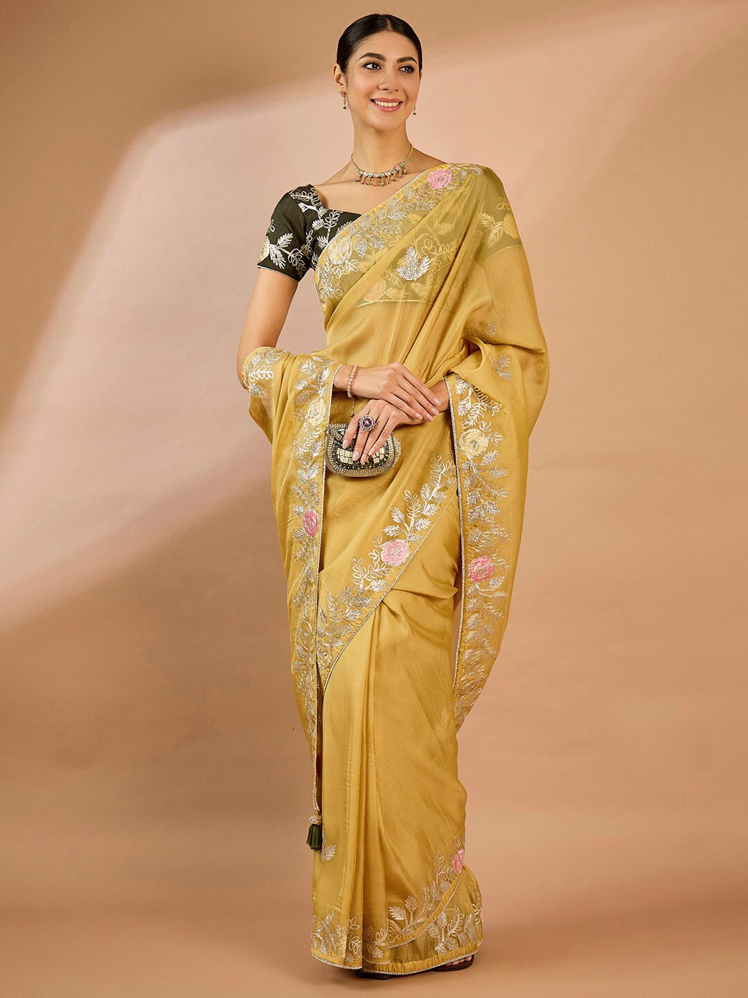 

Saree mall Embellished Gotta Patti Organza Sarees, Mustard