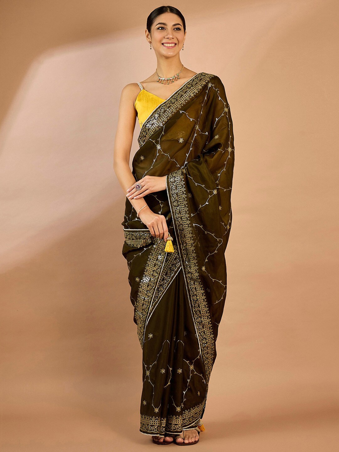 

Saree mall Ethnic Motifs Embellished Gotta Patti Saree, Olive