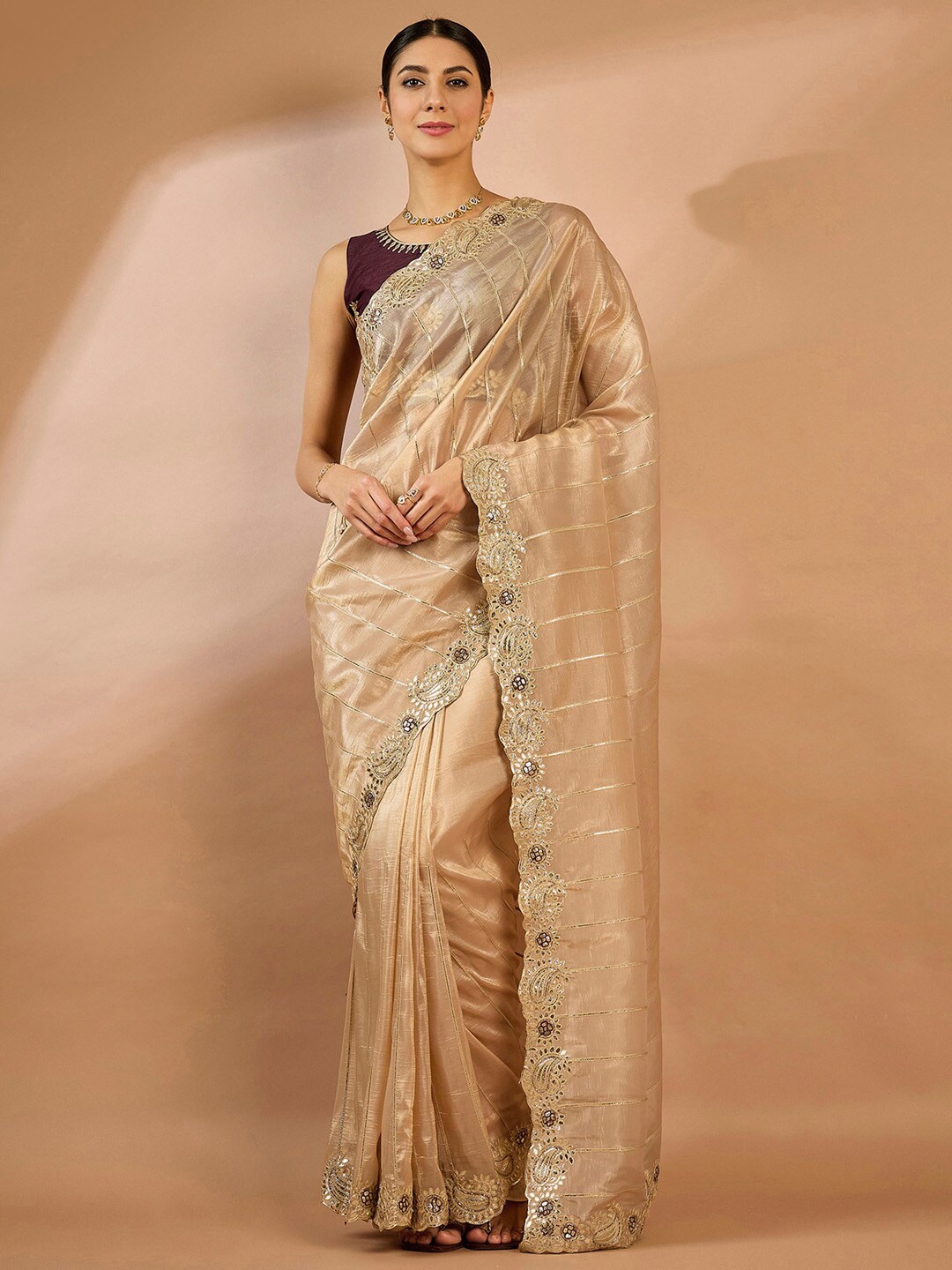 

Saree mall Embellished Gotta Patti Saree, Cream