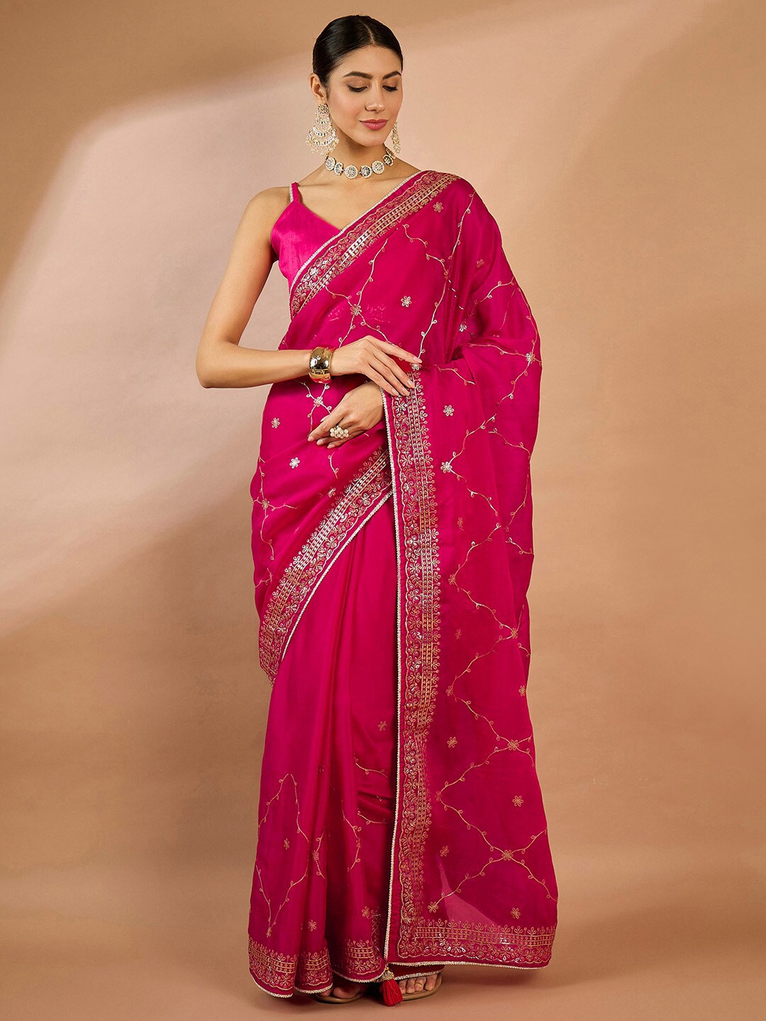

Saree mall Ethnic Motifs Embellished Sequinned Organza Sarees, Pink