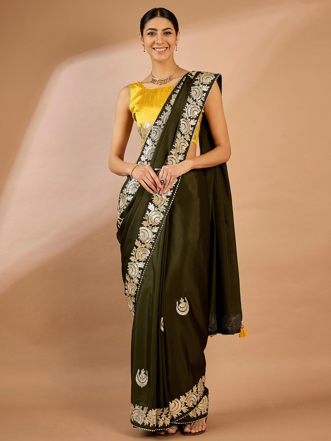 

Saree mall Embellished Gotta Patti Sarees, Olive