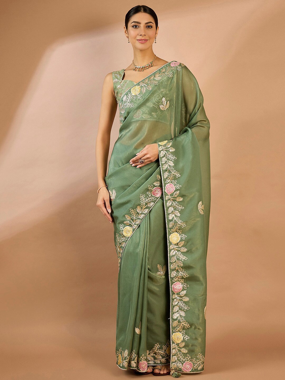 

Saree mall Embellished Gotta Patti Organza Sarees, Sea green