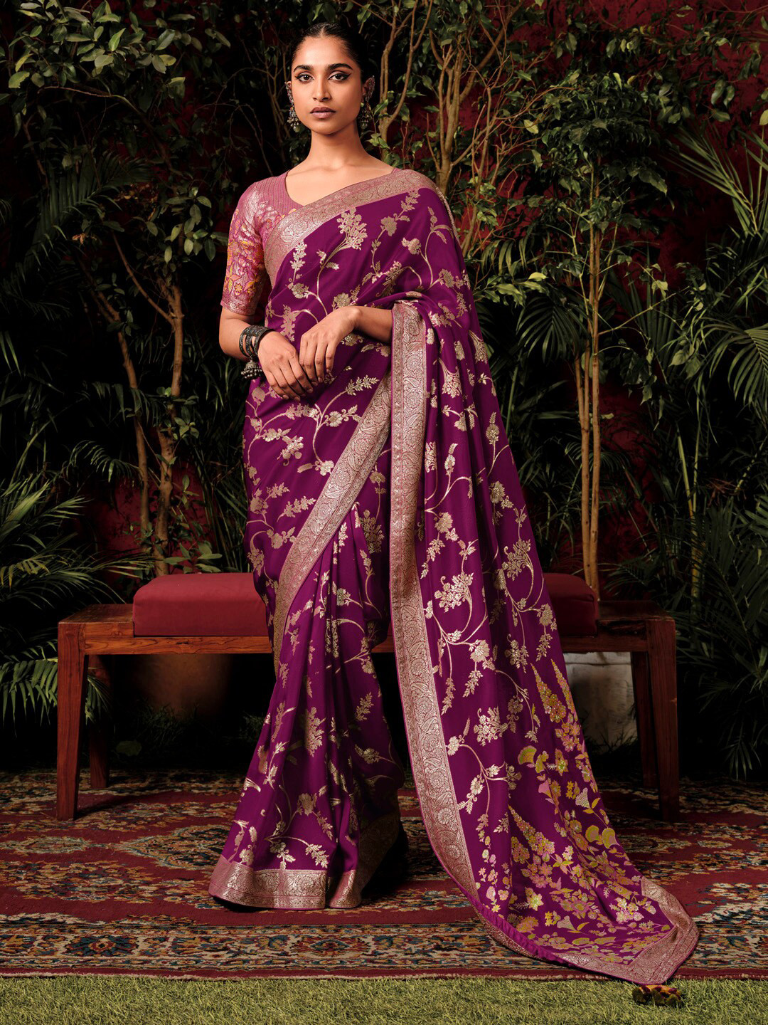 

Mitera Magenta Floral Woven Designed Zari Banarasi Saree