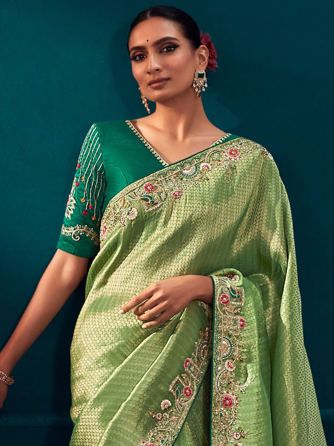 

Mitera Green Ethnic Motifs Woven Designed Beads and Stones Banarasi Saree