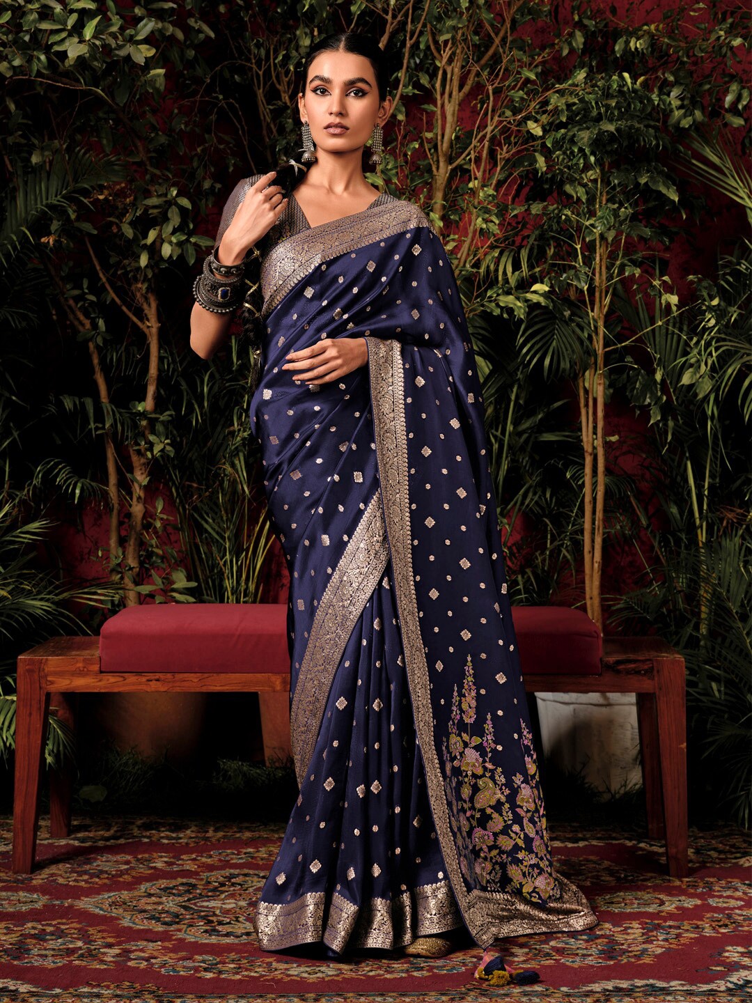

Mitera Navy Blue Ethnic Motif Woven Design Zari Banarasi Saree