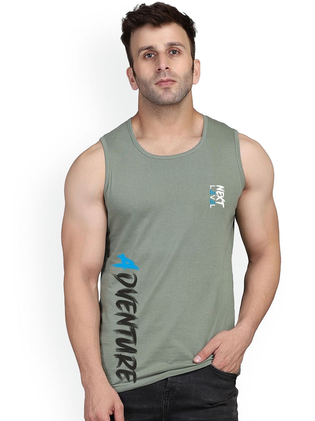 

SLOWLORIS Printed Bio-Wash Cotton Gym Vest, Green