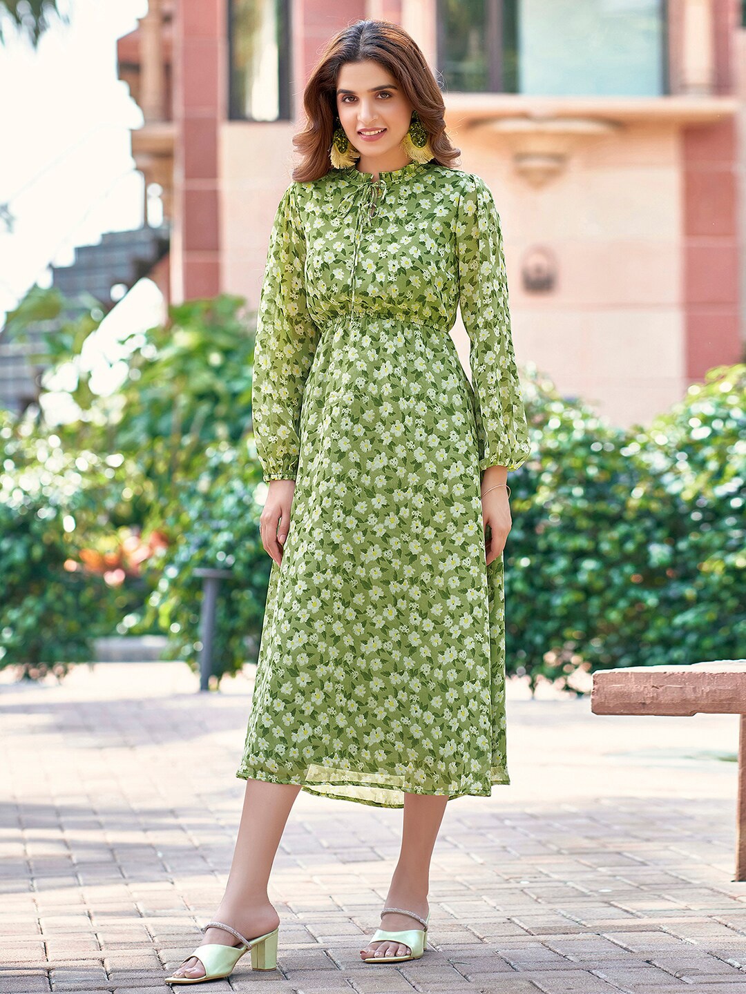 

Selvia Women's Floral Print Georgette Fit & Flare Midi Dress, Lime green
