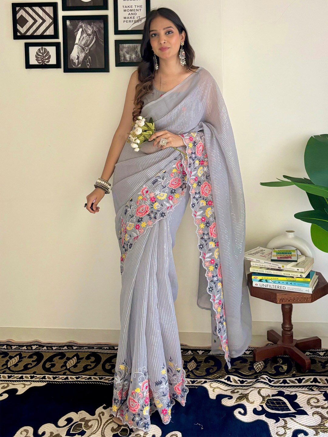 

Anouk Embellished Sequinned Pure Georgette Saree, Grey