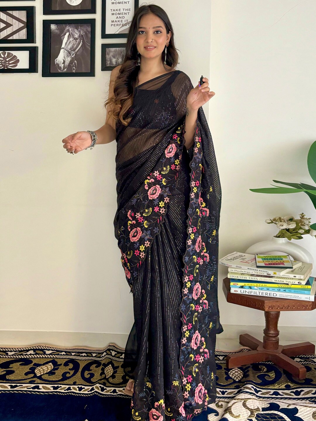 

Anouk Embellished Sequinned Pure Georgette Saree, Black